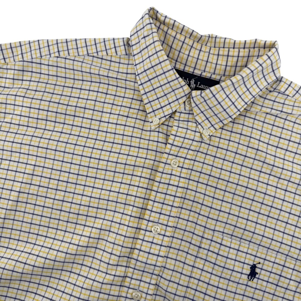 Ralph Lauren Big Shirt Mens XL Yellow Navy Tattersall Check Cotton Short Sleeve
